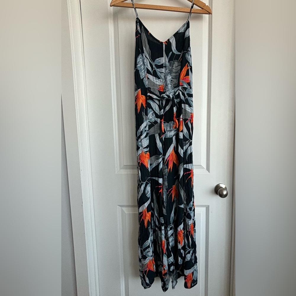 Navy floral long jumpsuit / romper with tie waist and adjustable straps